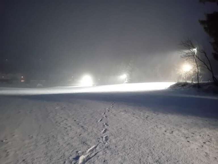 Schneefall im Flutlicht am Rotterhang