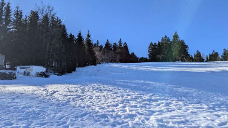 Verschneiter Skihang am Rotterhang, umgeben von Fichtenwald