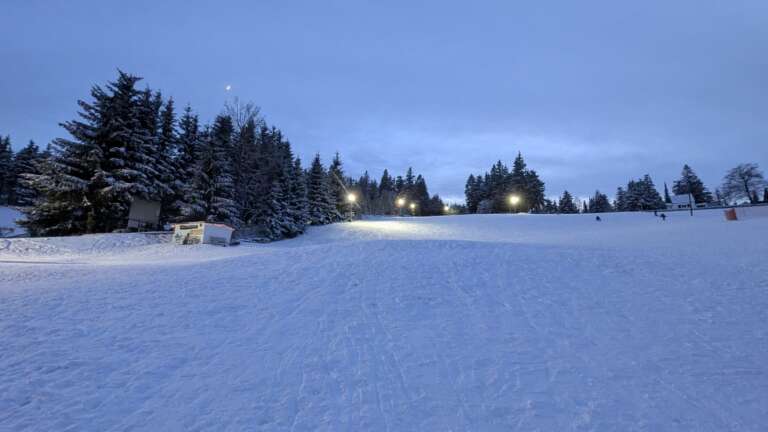 Verschneite Fichten am Skihang, in der Dämmerung leuchtet das Flutlicht